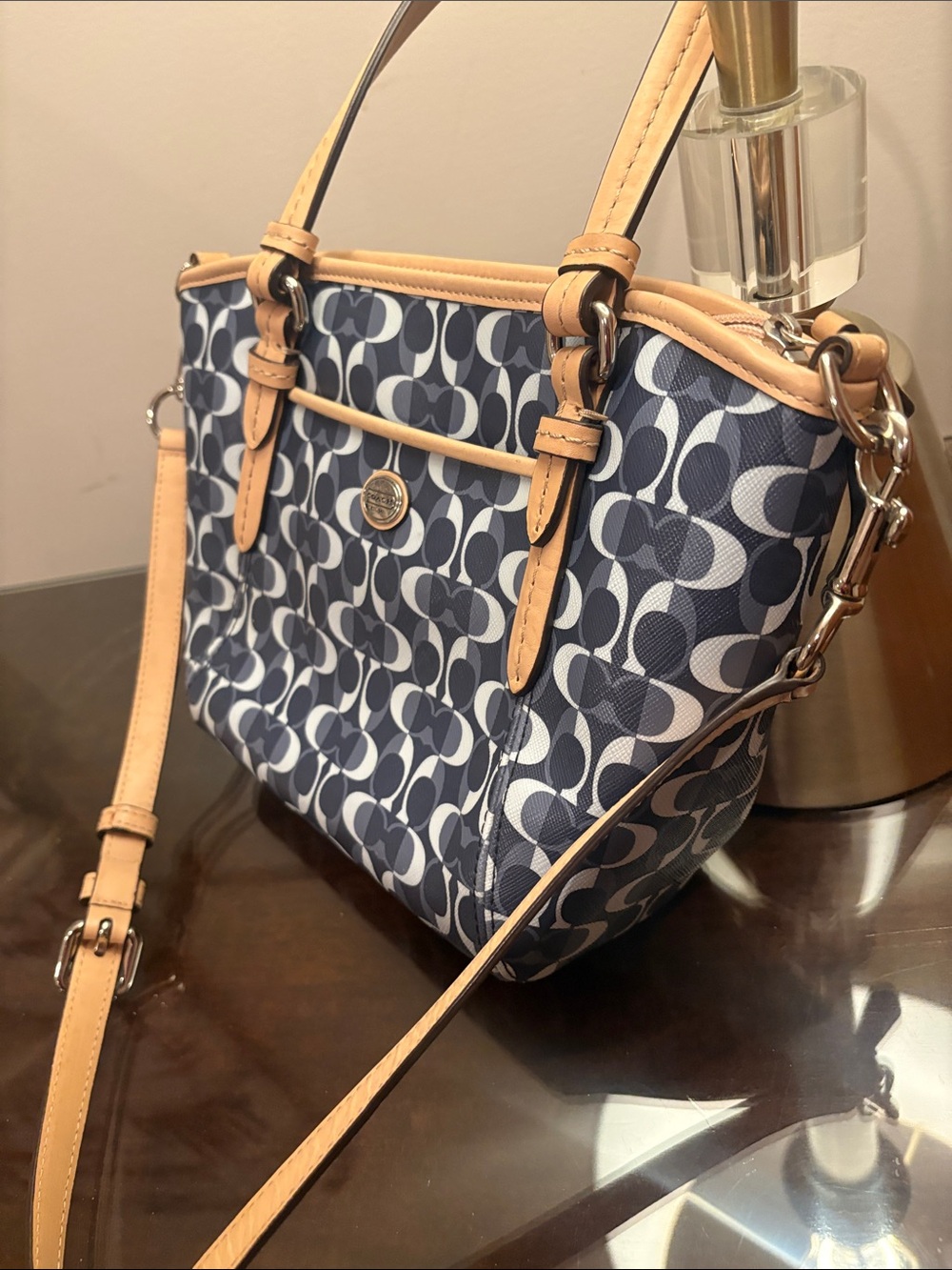 Coach Navy and Black Signature Small Tote with Tan Leather Trim - Picture 4 of 16